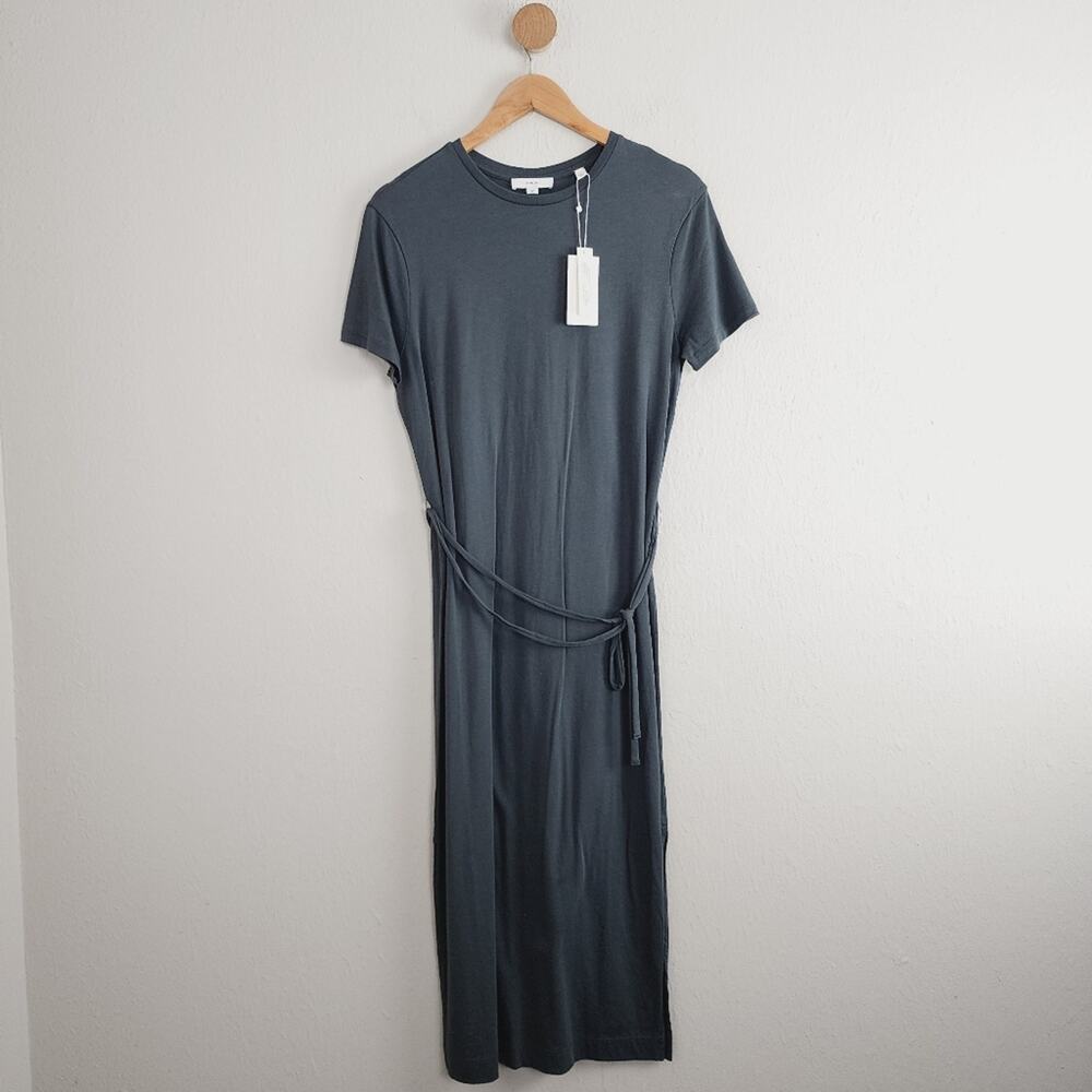 Vince Charcoal Gray Pima Cotton Belted T-Shirt Midi Dress Size Petite Small NWT